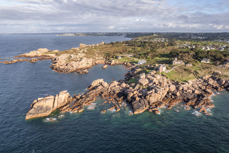 Aerial view of Ploumanac'h Lighthouse, Pink Granite Coast seascape in Brittany, Franceの写真素材