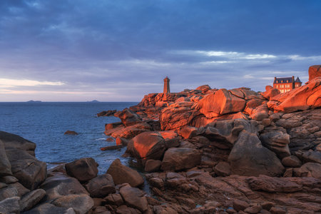 Ploumanac'h Lighthouse, Pink Granite Coast in Brittany, Franceの写真素材