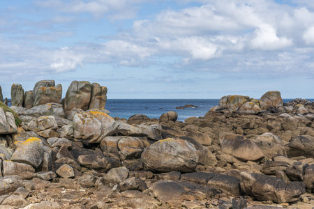 Natural landscape of the rocky beach and seascape along the Brittany coastline, CÃ´te de granite rose or Pink Granite Coast in Franceの写真素材