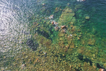Natural landscape of the rocky beach and seascape along the Brittany coastline, CÃ´te de granite rose or Pink Granite Coast in Franceの写真素材