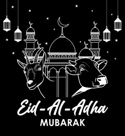 Happy Ied al Adha mubarak islamic on black background. Islamic greeting card design with goat and cow in front of a mosque. Wishing you very happy Eid Written. Vector Ied Adhaのイラスト素材