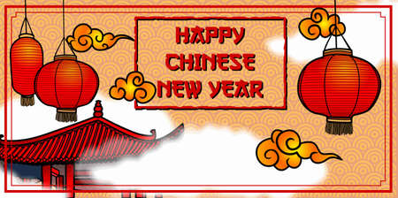 Hand drawn Chinese New Year Background with Traditional building, Traditional Lantern and Cloud. You can use for Greeting Card and Poster.のイラスト素材