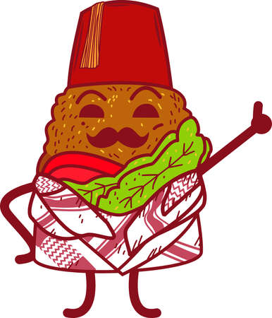 Meat mustache character with scarf and red turkish hat vector cartoon illustrationのイラスト素材