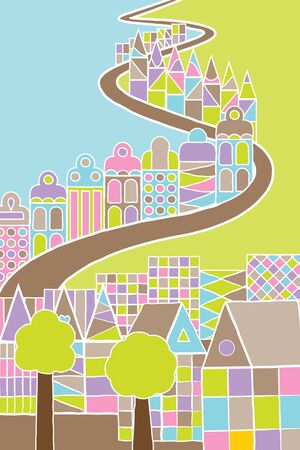 Colorful houses along the road illustrationのイラスト素材