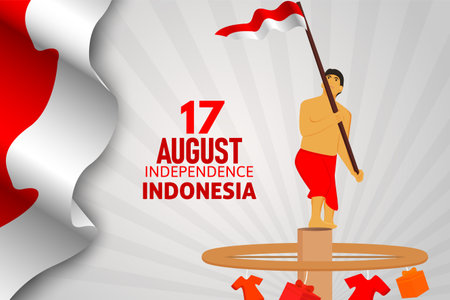 Indonesia happy Independence day man holding flag backgroundのイラスト素材