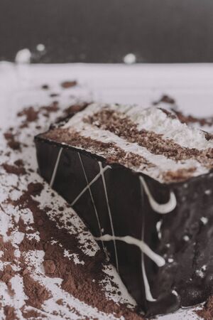 A piece of dark chocolate cake with two cream layers on a white background and chocolate powder