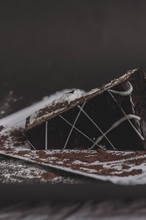 A piece of dark chocolate cake with two cream layers on a white background and chocolate powderの写真素材