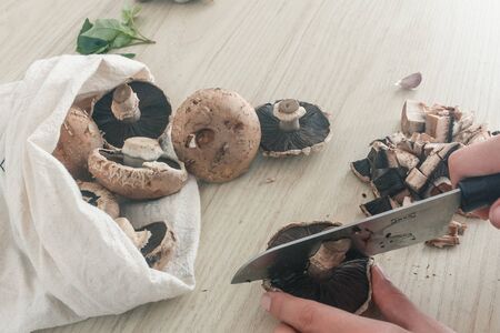 Woman cutting fresh wild mushrooms at light grey table, top viewの写真素材
