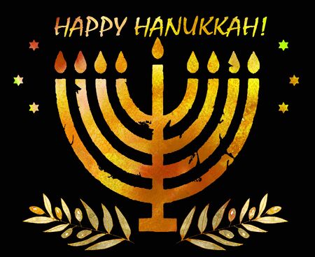 Jewish traditional holiday Hannukah. Greeting card with menorah and text Happy Hanukkah. Watercolor background.の写真素材