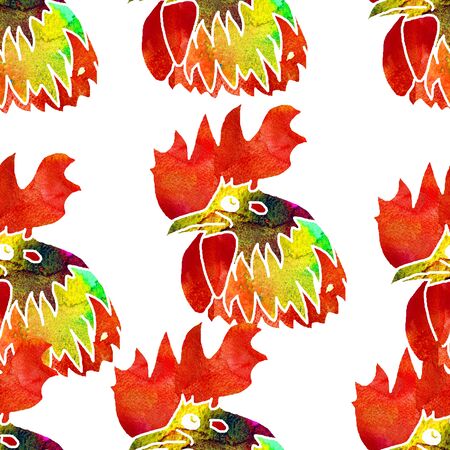 Watercolor  Rooster. illustration with splash watercolor textured background. 2017 is the year of Red Fire Chicken on Chinese zodiac. Seamless pattern.の写真素材
