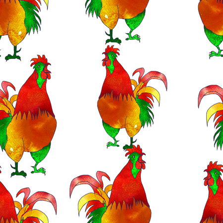 Watercolor  Rooster. illustration with splash watercolor textured background. 2017 is the year of Red Fire Chicken on Chinese zodiac. Seamless pattern.の写真素材