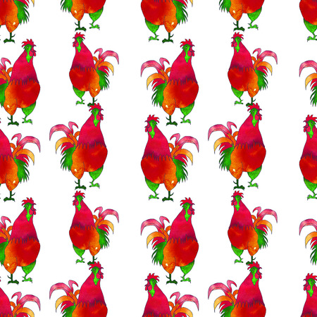 Watercolor  Rooster. illustration with splash watercolor textured background. 2017 is the year of Red Fire Chicken on Chinese zodiac. Seamless pattern.の写真素材