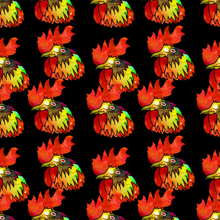 Watercolor  Rooster. illustration with splash watercolor textured background. 2017 is the year of Red Fire Chicken on Chinese zodiac. Seamless pattern.の写真素材
