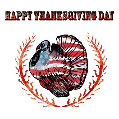 Watercolor turkey isolated on white background for your design. American flag background. Happy Thanksgiving Day poster. A national holiday in the USA.の写真素材