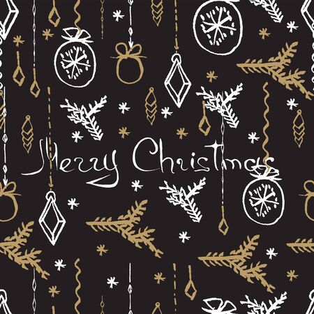 Vector Christmas seamless pattern. Holiday hand drawn background. Ink illustration. Elements of Christmas decorations, stars, snowflakes, balls, angels, fir tree branches.  For holiday decoration.のイラスト素材