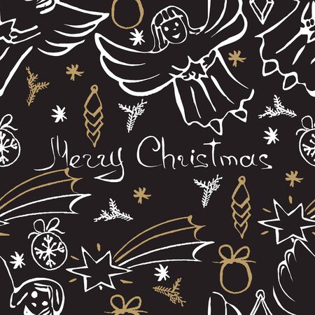 Vector Christmas seamless pattern. Holiday hand drawn background. Ink illustration. Elements of Christmas decorations, stars, snowflakes, balls, angels, fir tree branches.  For holiday decoration.のイラスト素材