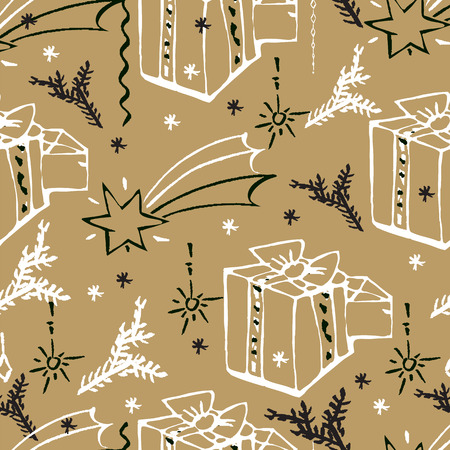Vector Christmas seamless pattern. Holiday hand drawn background. Ink illustration. Elements of Christmas decorations, stars, snowflakes, balls, angels, fir tree branches.  For holiday decoration.のイラスト素材