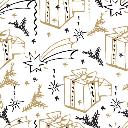 Vector Christmas seamless pattern. Holiday hand drawn background. Ink illustration. Elements of Christmas decorations, stars, snowflakes, balls, angels, fir tree branches.  For holiday decoration.のイラスト素材