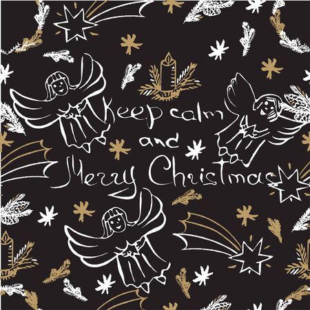 Vector Christmas seamless pattern. Holiday hand drawn background. Ink illustration. Elements of Christmas decorations, stars, snowflakes, balls, angels, fir tree branches.  For holiday decoration.のイラスト素材
