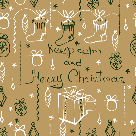Vector Christmas seamless pattern. Holiday hand drawn background. Ink illustration. Elements of Christmas decorations, stars, snowflakes, balls, angels, fir tree branches.  For holiday decoration.のイラスト素材