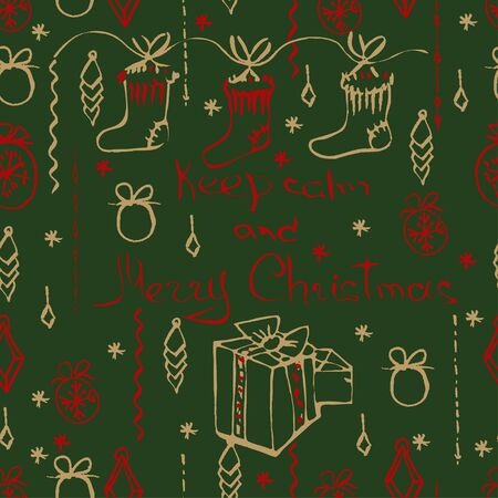 Vector Christmas seamless pattern. Holiday hand drawn background. Ink illustration. Elements of Christmas decorations, stars, snowflakes, balls, angels, fir tree branches.  For holiday decoration.のイラスト素材