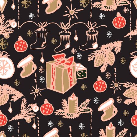 Vector Christmas seamless pattern. Holiday hand drawn background. Ink illustration. Elements of Christmas decorations, stars, snowflakes, balls, angels, fir tree branches.  For holiday decoration.のイラスト素材
