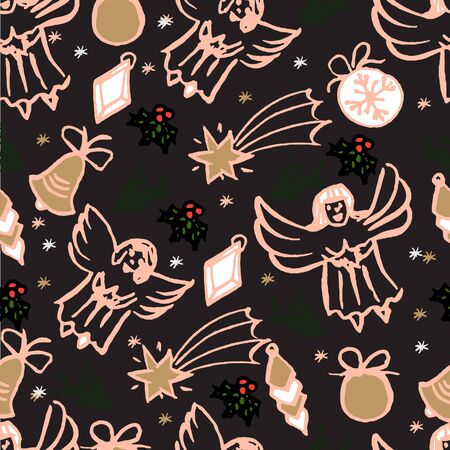 Vector Christmas seamless pattern. Holiday hand drawn background. Ink illustration. Elements of Christmas decorations, stars, snowflakes, balls, angels, fir tree branches.  For holiday decoration.のイラスト素材