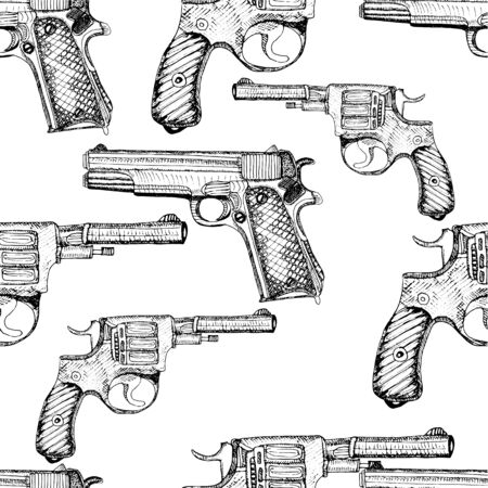 Hand drawn vector seamless pattern. Pistols and revolvers.のイラスト素材