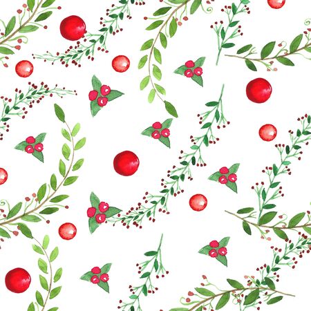 Watercolor sealess pattern. Branches, leaves, berries. Hand drawn illustration.の写真素材