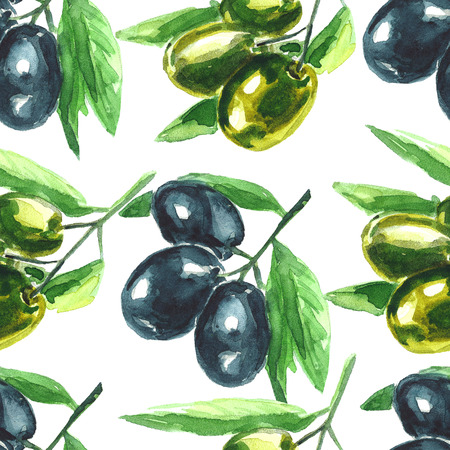 Watercolor illustration. Olive branch. Seamless pattern. Hand drawnの写真素材
