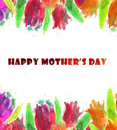 Happy Mothers Day Watercolor Background With Spring Tulips Flowers. Hand Drawn Illustration.の写真素材