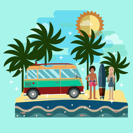 Hawaiian beach. Young surfers, boy and girl. Vector flat illustration. Summer vacation.のイラスト素材