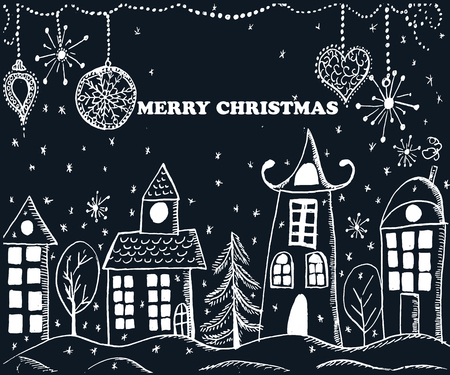 Christmas greeting card. Hand drawn holiday illustration.Text MERRY CHRISTMAS.のイラスト素材