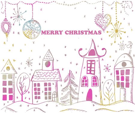 Christmas greeting card. Hand drawn holiday illustration.Text MERRY CHRISTMAS.のイラスト素材