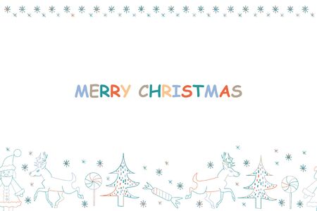 Christmas greeting card. Hand drawn holiday background with Santa Claus, Snowman, Fir trees, Snowflakes, Deers. Text MERRY CHRISTMAS.のイラスト素材