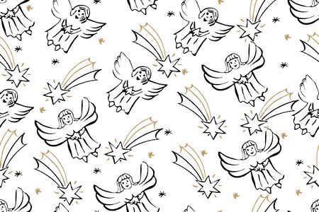 Christmas Seamless Pattern With Angels And Star of Bethlehem. Vector Holiday Background For Wallpaper, Wrapping, Christmas Decorations.のイラスト素材