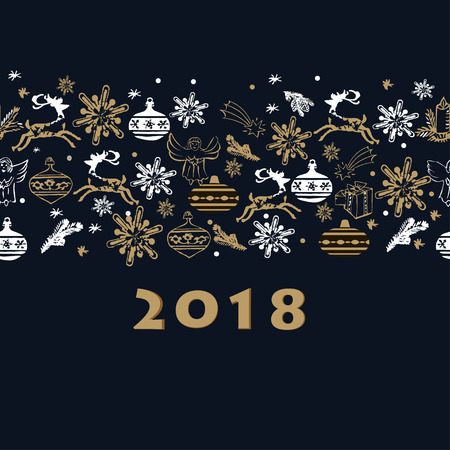Merry Christmas and Happy New Year pattern with golden snowflakes and deers, angels, fir branches, candles,  for  greeting card, banner, poster. Trendy vector illustration.のイラスト素材