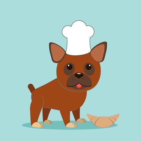 Cute French bulldog chef with croissant. Vector illustration. Flat style.のイラスト素材