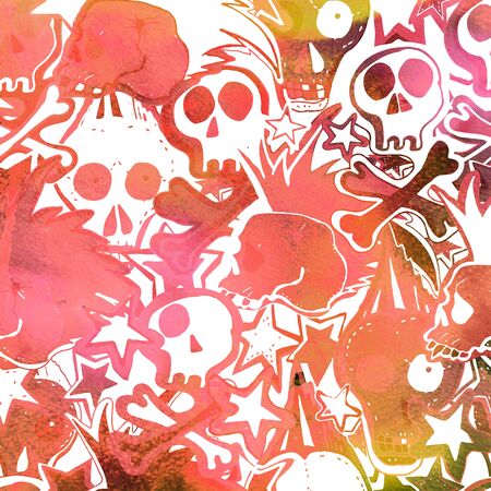 Watercolor textured seamless pattern. Skulls, bones, punks. Grunge. Hand painted illustration.の写真素材