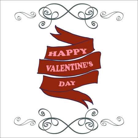 Vector Happy Valentine's Day greeting card. Hand drawn ribbon with inscription, hearts, doodle elements.のイラスト素材