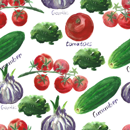 Watercolor seamless pattern. Hand painted vegetables . Broccoli, garlic, tomatoes, onion, cucumber. の写真素材