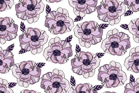 Bright seamless pattern with beautiful ranunculus and meadow flowers. Trendy ultraviolet colors. Floral background for home textiles, interiors, linens, cotton fabric.のイラスト素材
