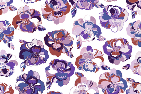 Bright seamless pattern with beautiful ranunculus and meadow flowers. Trendy ultraviolet colors. Floral background for home textiles, interiors, linens, cotton fabric.のイラスト素材