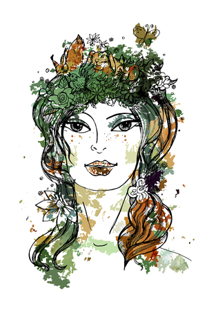 Hand drawn vector illustration. Beautiful young girl with long flowing hair. Goddess Easter with flowers, birds, rabbits and squirrel. Watercolor texture.  Happy Easter poster.のイラスト素材