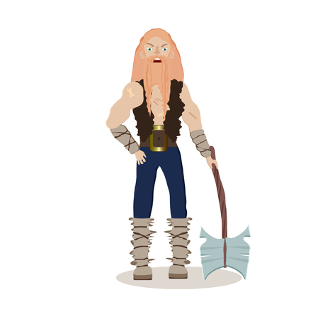 A muscular, long-haired viking man holding an  axe in his hands vector illustration in flat style.のイラスト素材