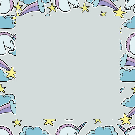 Hand Drawn Vector Unicorns, comets, stars, clouds. Magic creature.  Seamless border. For textile, wallpaper, covers, surface, print, gift wrap, scrapbooking, decoupage.のイラスト素材