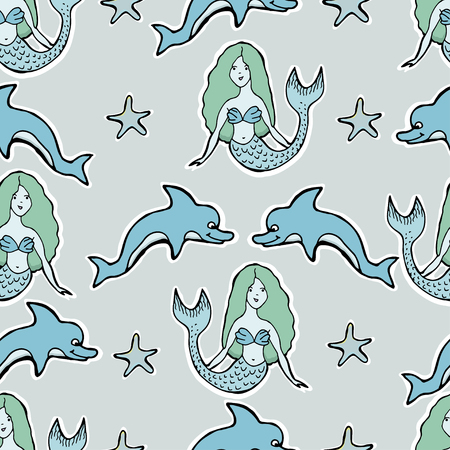 Hand Drawn Vector Cute mermaid, dolphin, stars pattern.のイラスト素材
