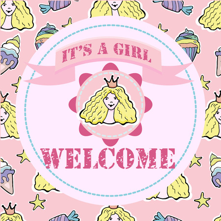 Baby shower and welcome greeting card. Text It's a Girl, Welcome. Little  princess, cupcakes, ice cream, candies. Stickers. Vector illustration.のイラスト素材