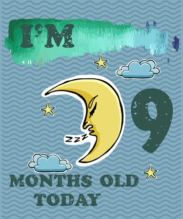 Vector baby milestone card for girl or boy. I am nine months old today. Watercolor texture.のイラスト素材