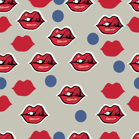 Vector hand drawn seamless patern. Red sexy lips. Polka dot.  This is a cool creative design for young people, teenagers, rock musicians, bikers.のイラスト素材
